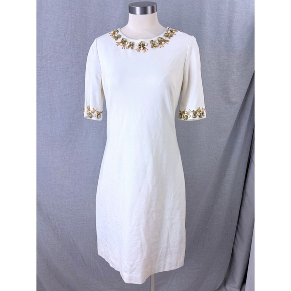 Eliza J Dresses & Skirts - Eliza J Ivory Jewel Embellished Shift Dress Gold Beaded Neckline Size 8
